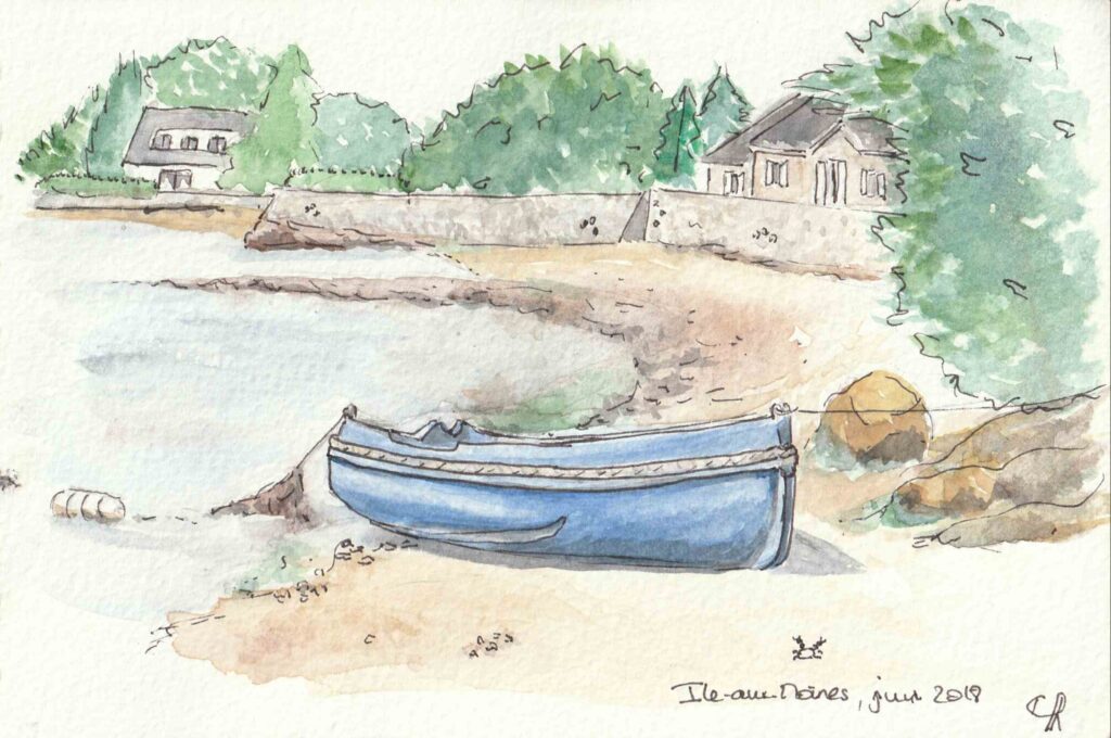 Aquarelle barque bleue, Port Miquel, Iles aux Moines, Bretagne