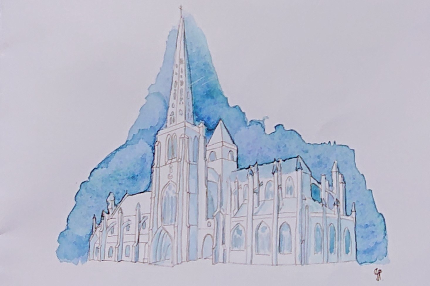 Aquarelle Cathédrale Saint Tugdual, Tréguier, Bretagne