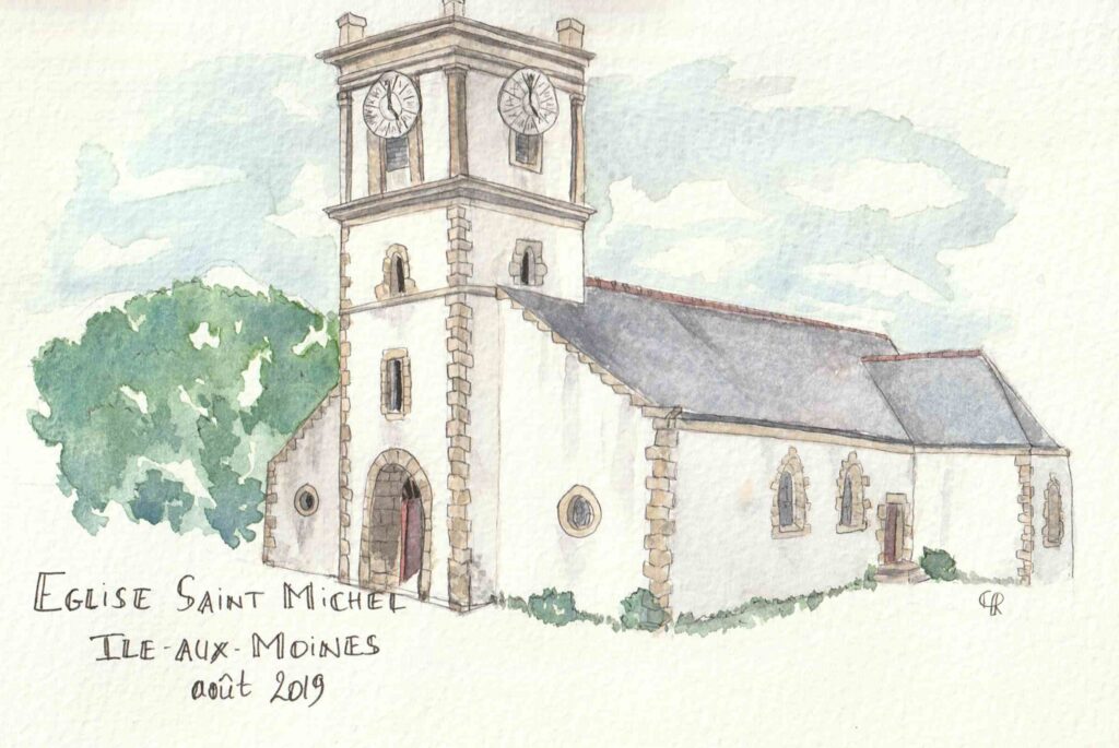 Aquarelle Eglise Saint Michel, Ile aux Moines, Bretagne