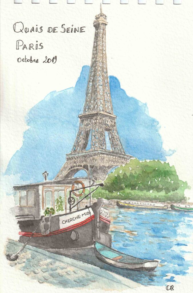 Aquarelle quais de Seine, Tour Eiffel, Paris