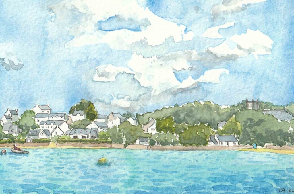 Aquarelle panorama Port Miquel, Ile aux Moines, Bretagne