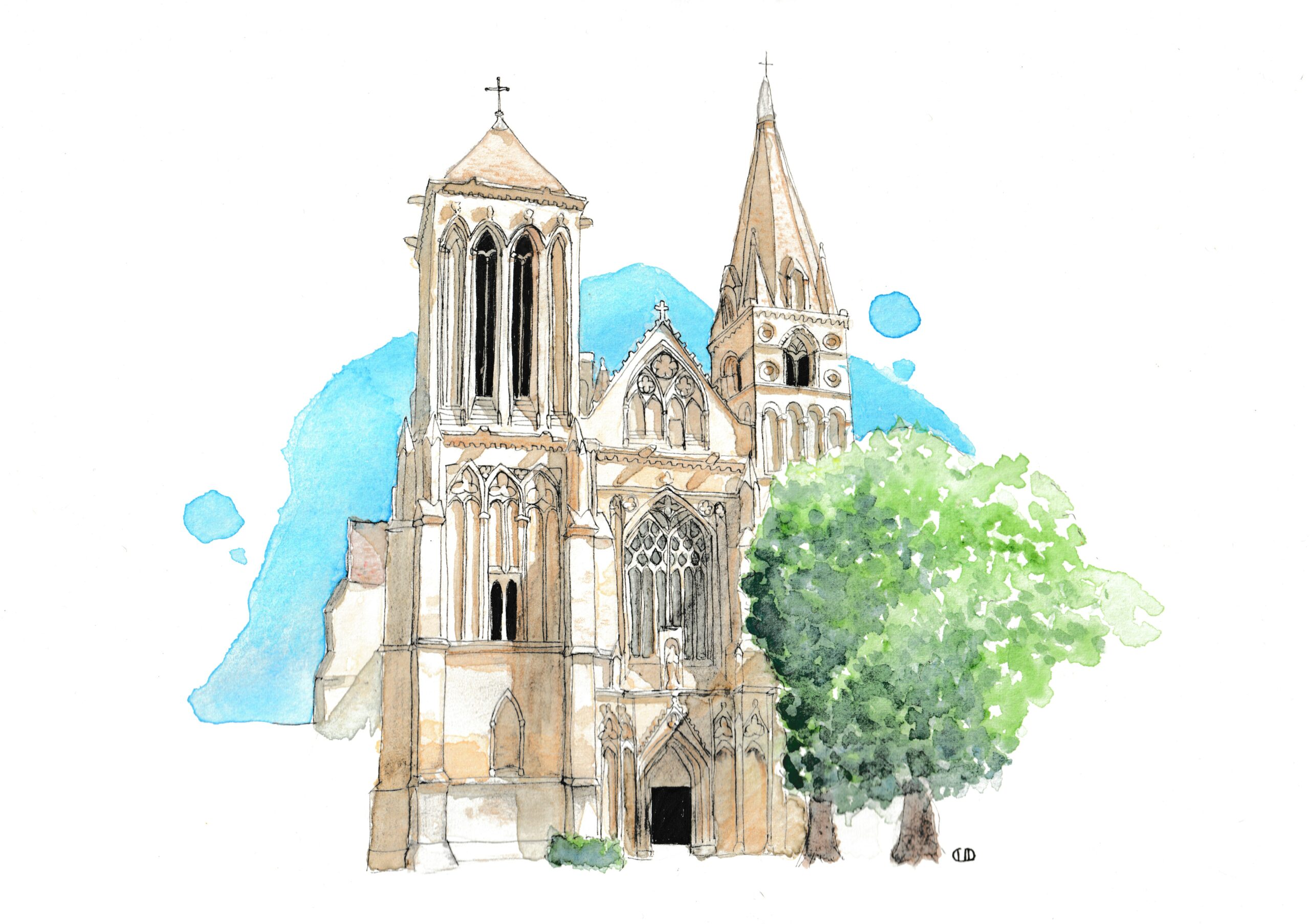 Aquarelle Abbatiale Notre Dame de l'Epinay, Saint Pierre sur Dives, Normandie