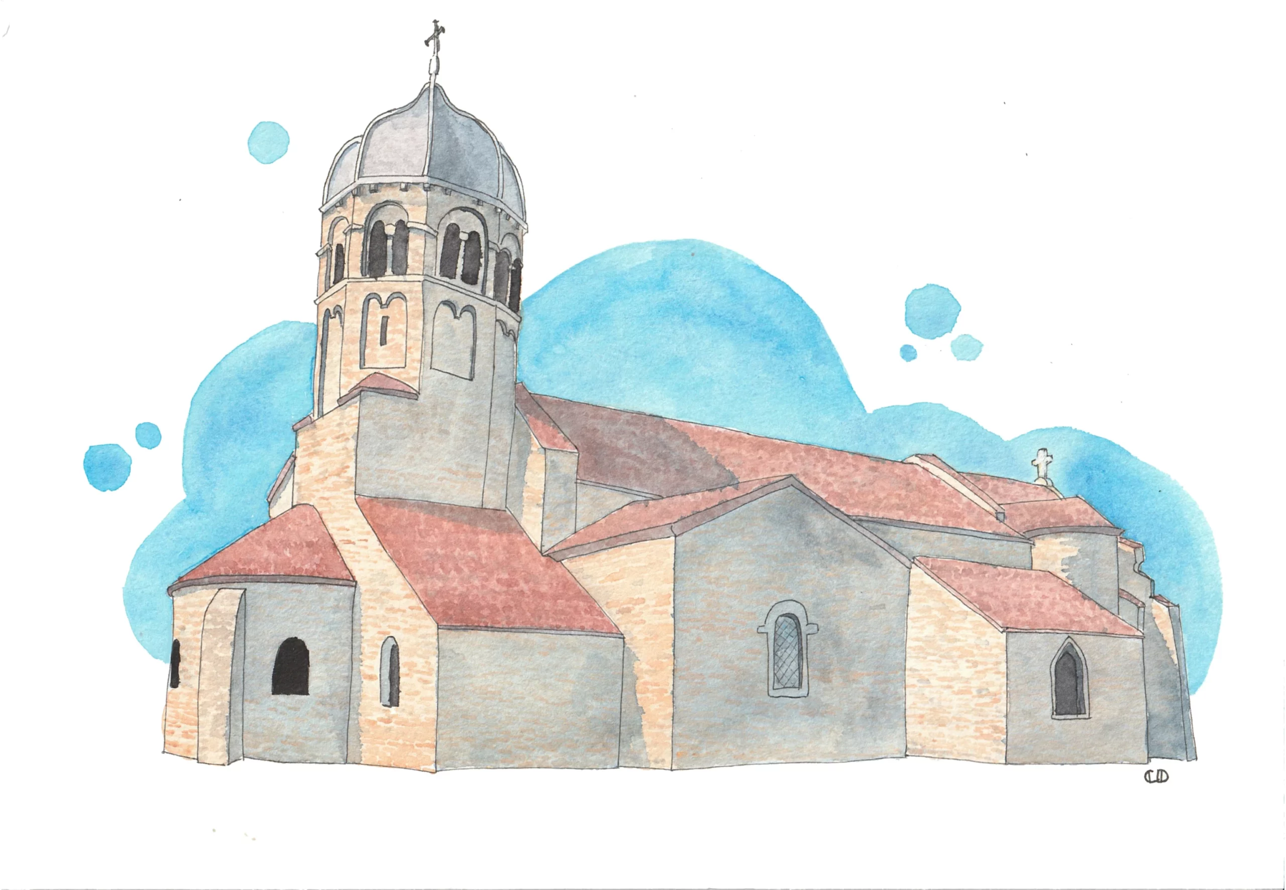 Aquarelle de l'église Sainte Marie-Madeleine, Charnay-lès-Mâcon