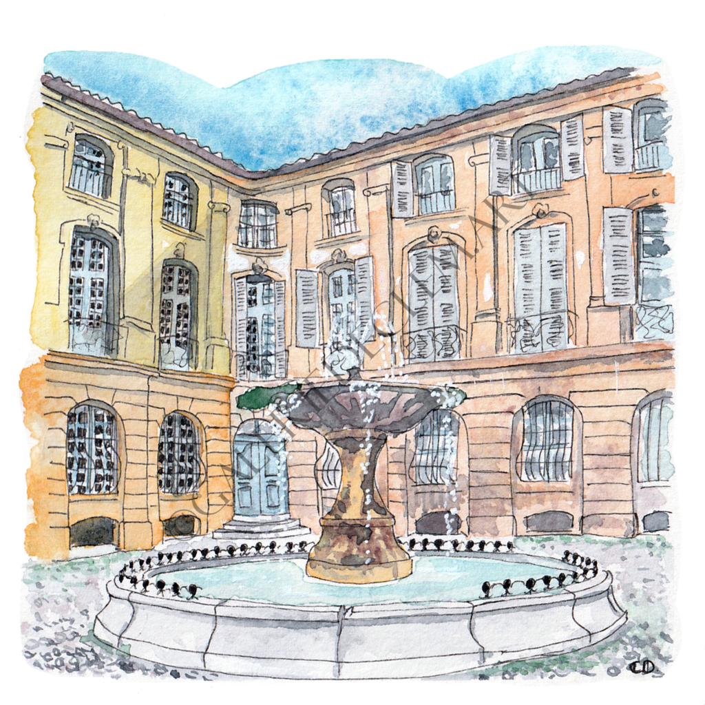 Fontaine place d'Albertas, Aix-en-Provence. Aquarelle sur papier 300g/m2 - 13x13 cm