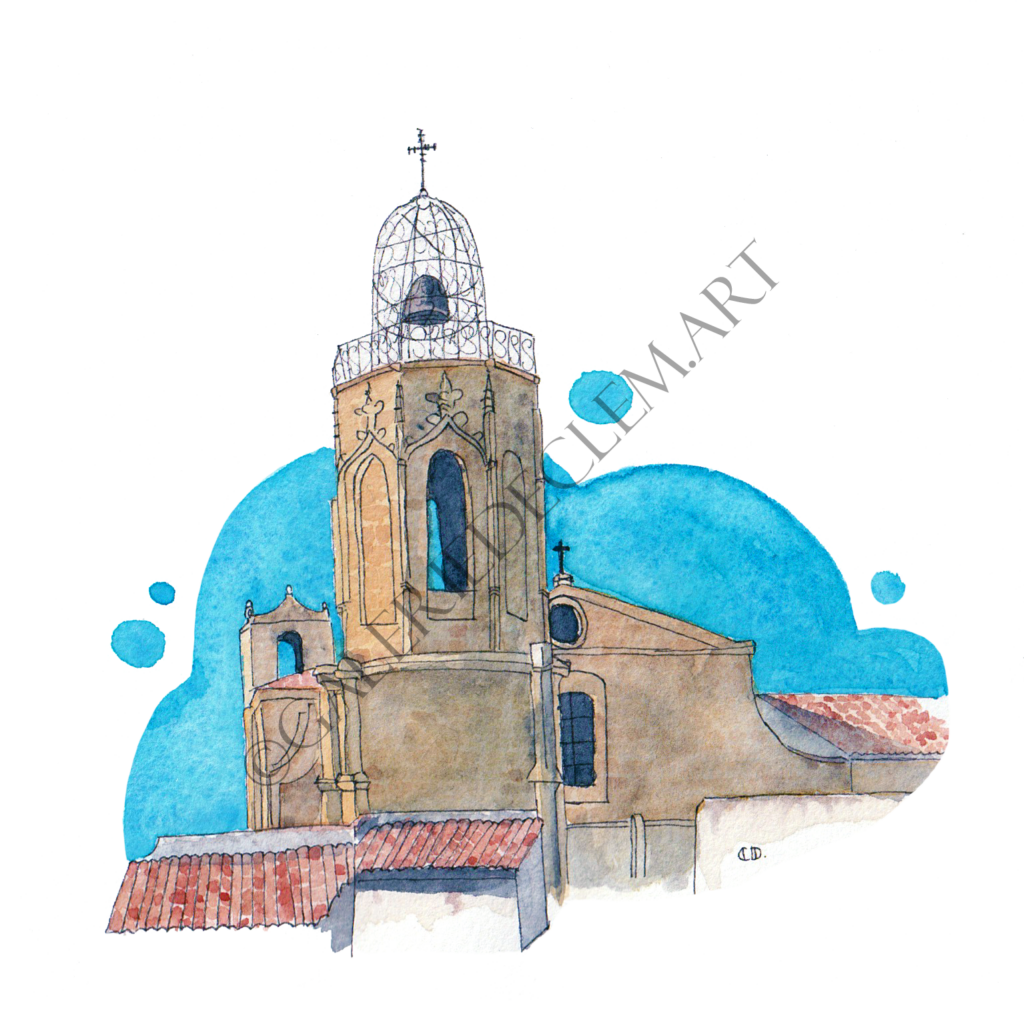 Clocher ce l'église du Saint-Esprit, Aix-en-Provence. Aquarelle sur papier 300g/m2 - 13x13 cm