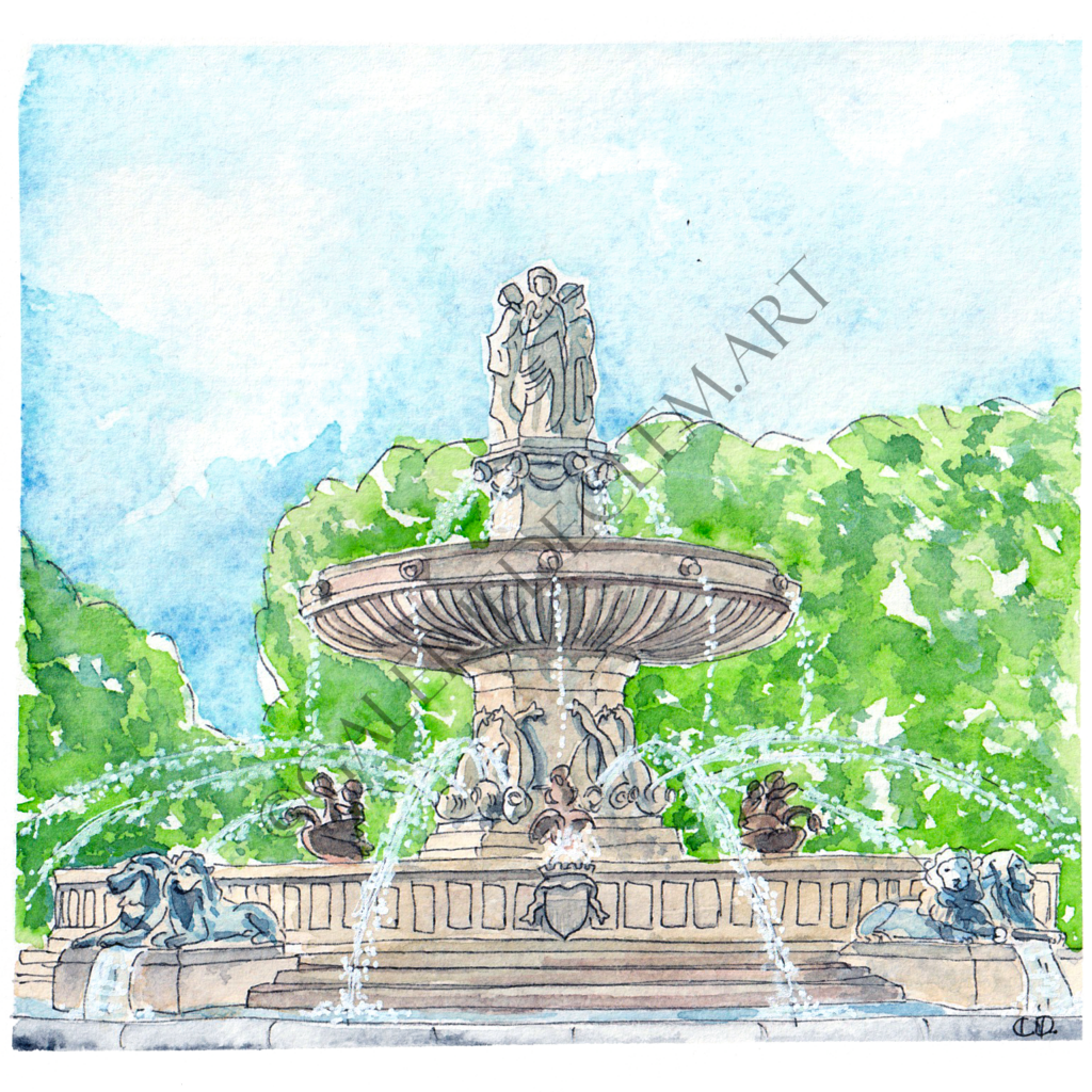 Fontaine Rotonde, Aix-en-Provence. Aquarelle sur papier 300g/m2 - 13x13 cm
