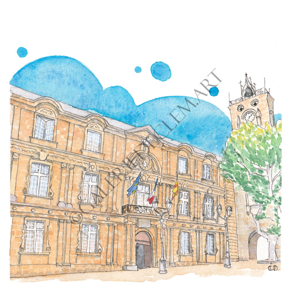 Hôtel de ville, Aix-en-Provence. Aquarelle sur papier 300g/m2 - 13x13 cm