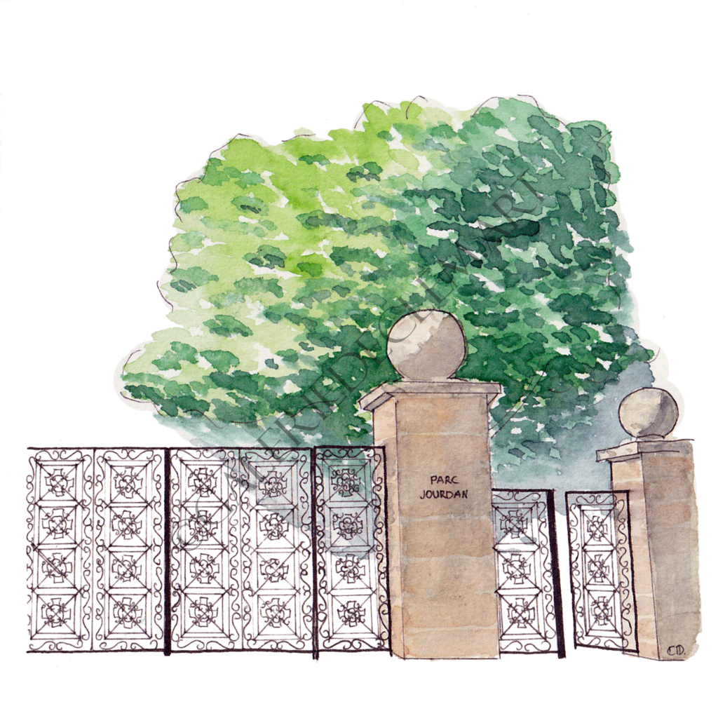 Grilles du parc Jourdan, Aix-en-Provence. Aquarelle sur papier 300g/m2 - 13x13 cm