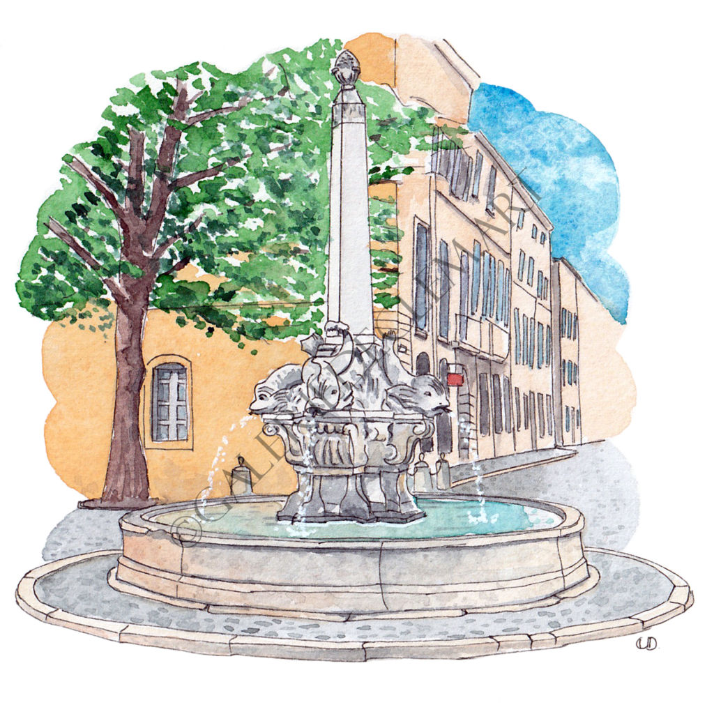 Fontaine des Quatre Dauphins, Aix-en-Provence. Aquarelle sur papier 300g/m2 - 13x13 cm